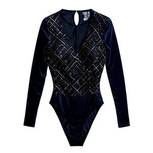 State of Claude Montana black beaded and mesh long sleeve bodysuit